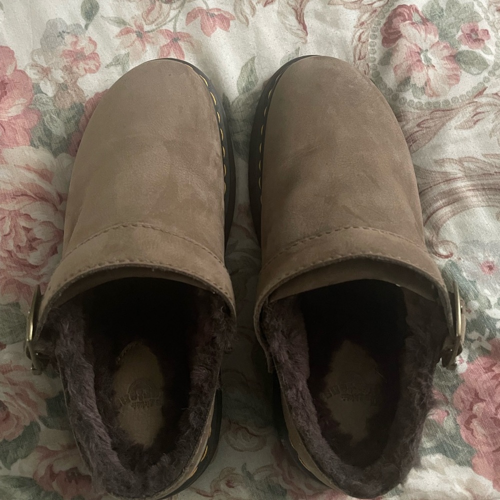 Doc Martens Nubuck Fur-Lined Slip-On Clogs in Taupe